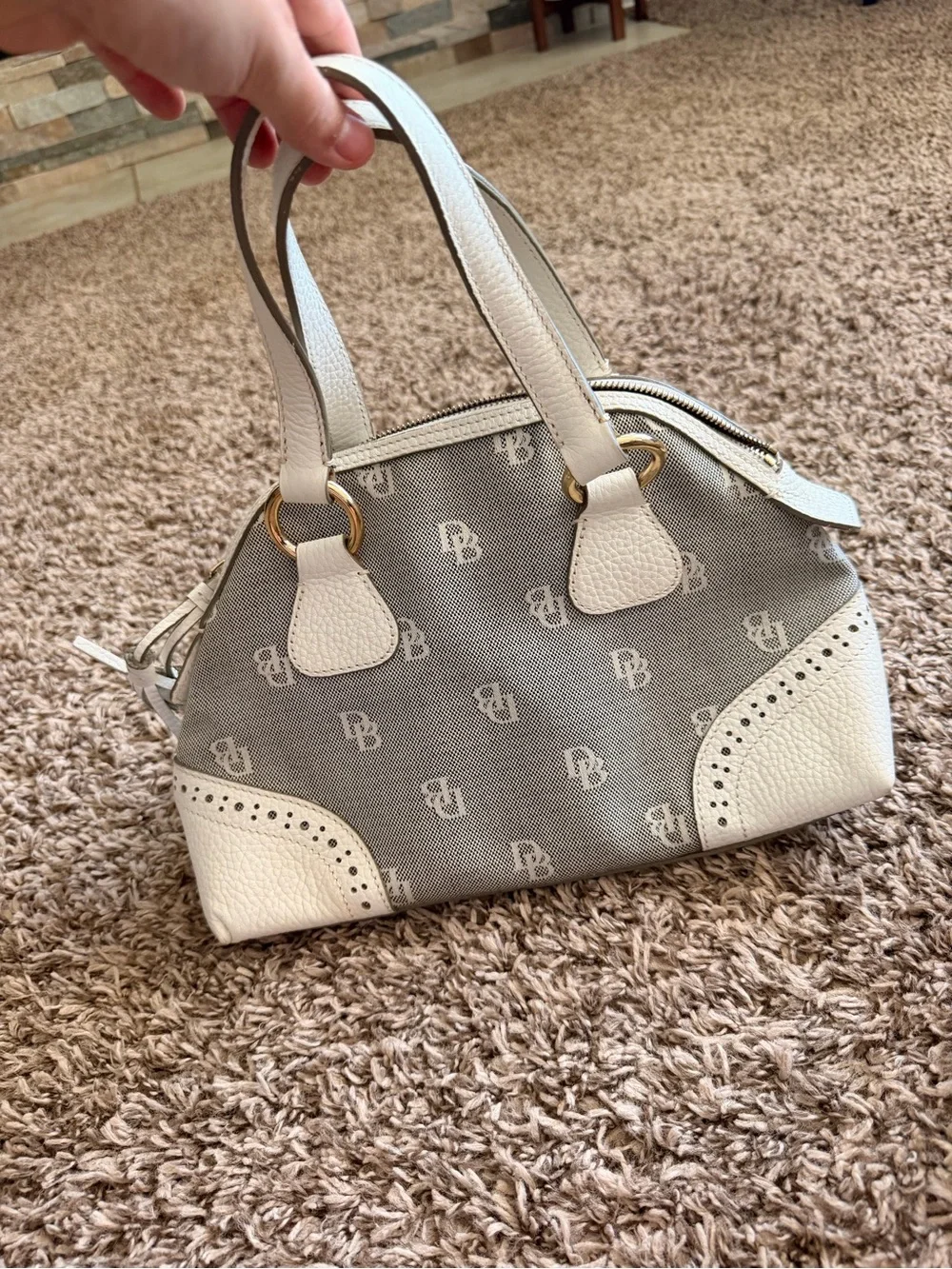 Dooney & Bourke Signature DB Monogram Domed Satchel White